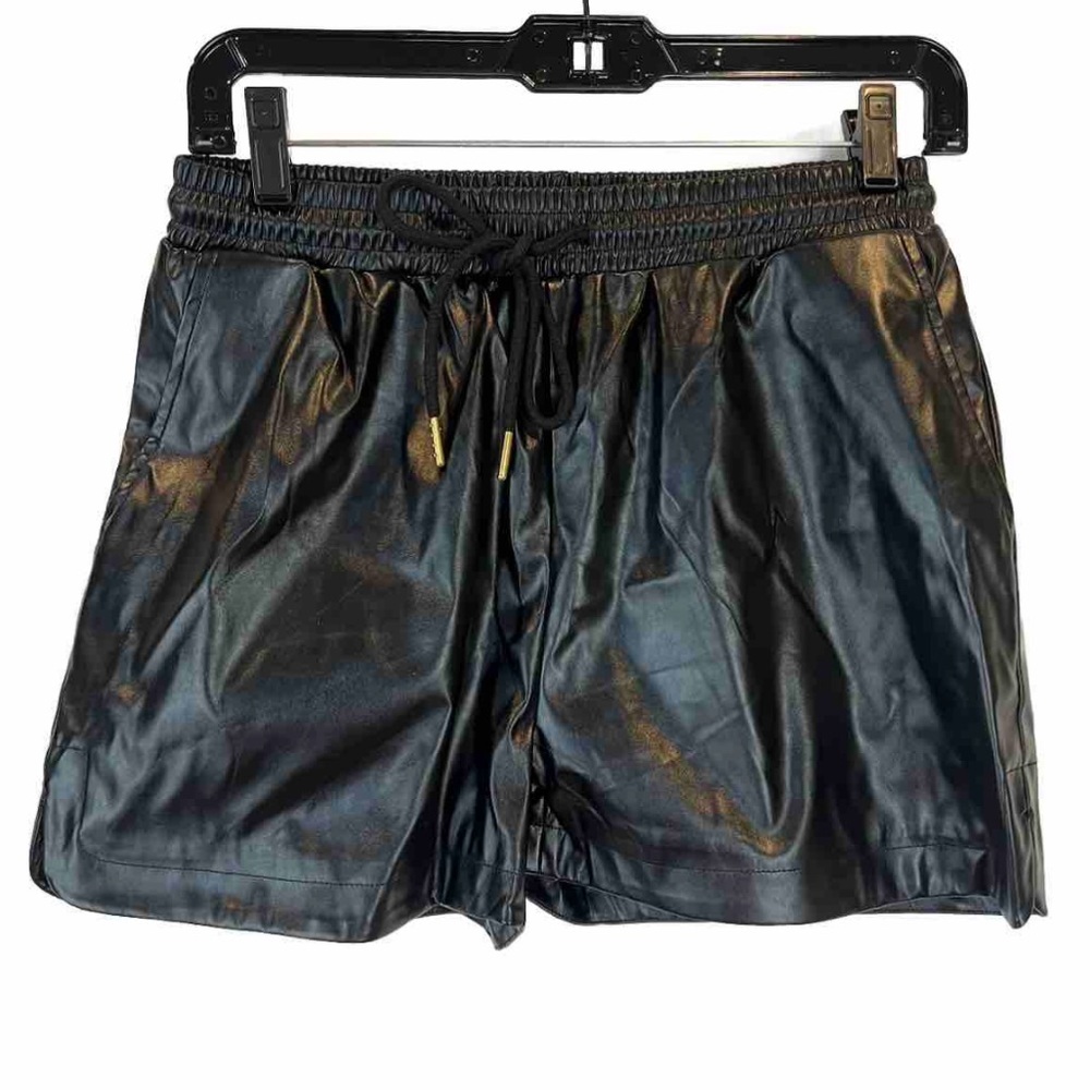 Entro Black Elastic Waist Faux Leather Drawstring Shorts